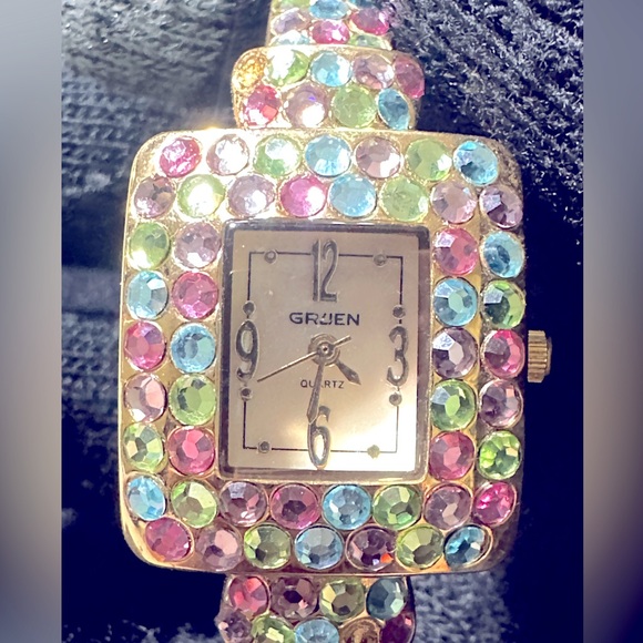 Vtg: Ladies GRUEN Multicolored Pastel Gemstone Bracelet Watch ••BATTERY NEEDED - Picture 1 of 11